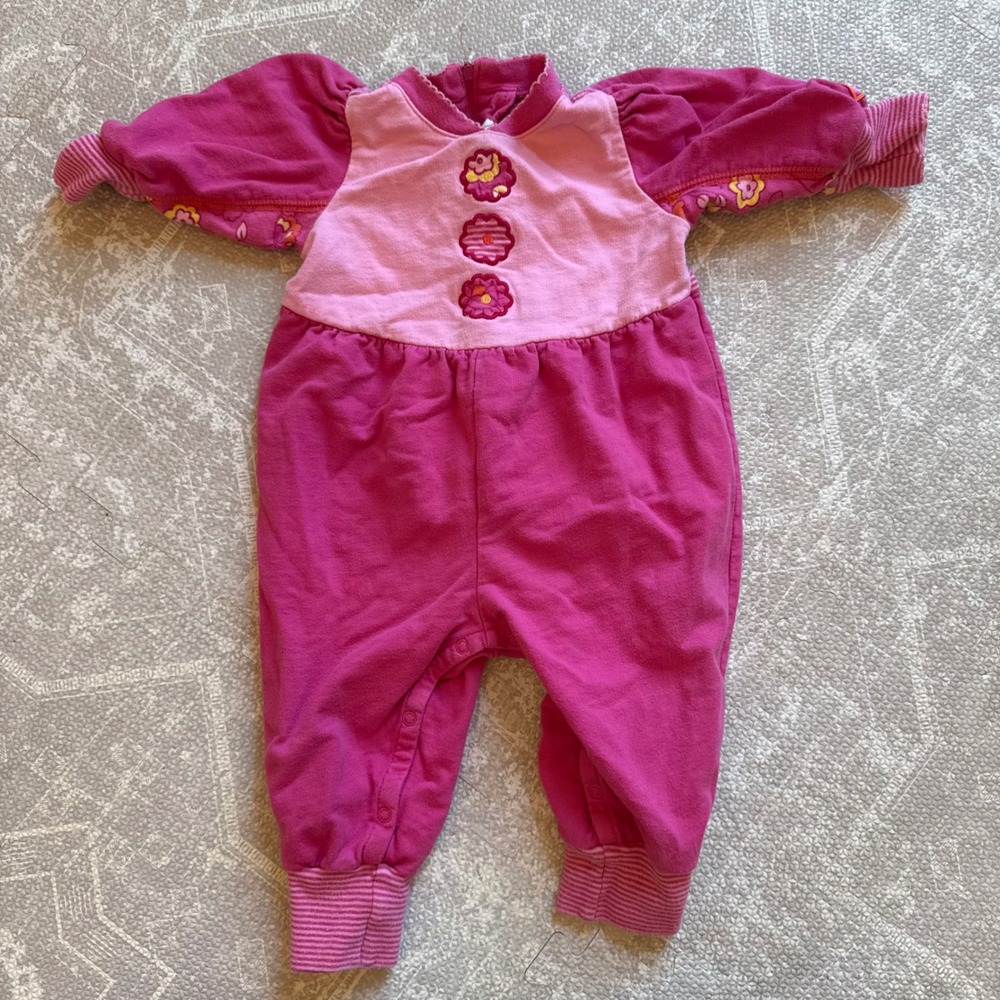 Vintage 90s Gymboree Floral Embroidered Romper Baby 6-12M Pink Cotton Jumpsuit